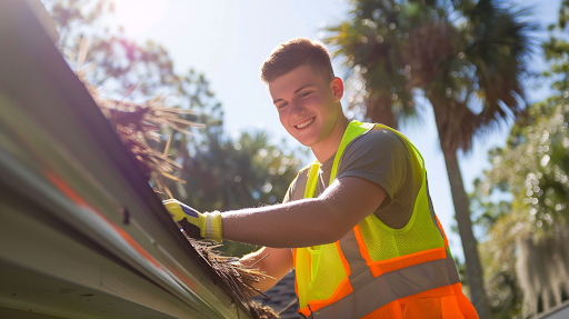 A gutter cleaner cleaning gutters at an Ocala home