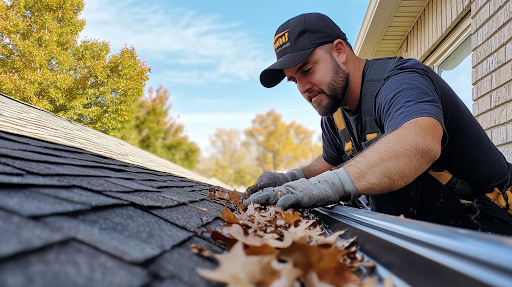 A Spotless Gutter Cleaning technician cleaning gutters