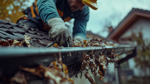 A gutter technician cleaning a gutter