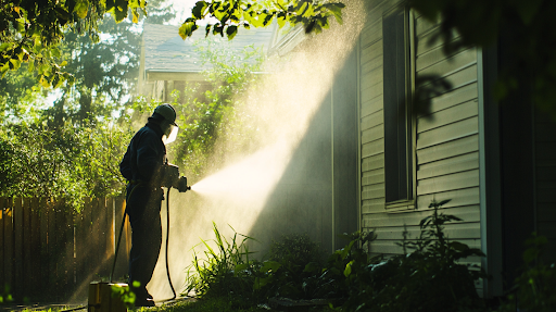 A technician softwashing the side of a house