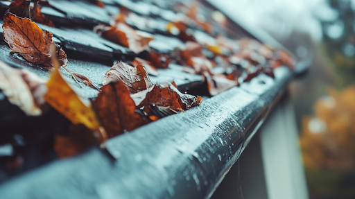 A close up of clogged gutters