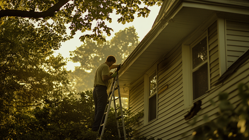 A technician cleaning gutters