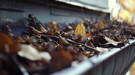 A clogged gutter full of leaves and needs gutter cleaning