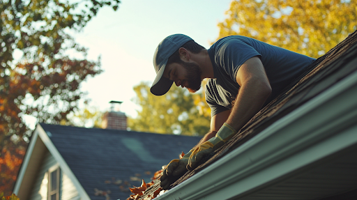 A gutter cleaning technician cleaning a gutter