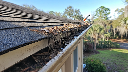 Clogged gutters that need to be cleaned