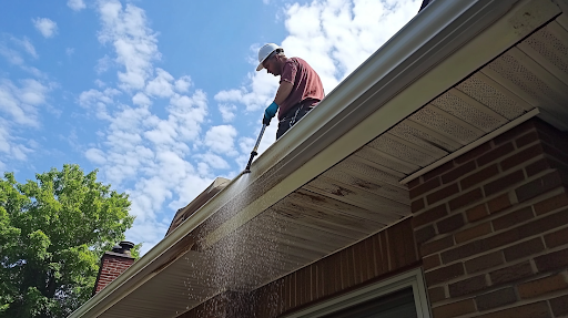 A technician cleaning gutters