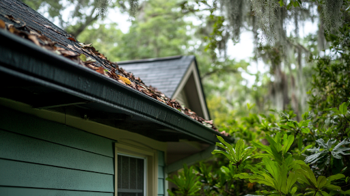 A gutter that is full of leaves and needs cleaning