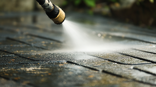 A pressure washer cleaning a surface